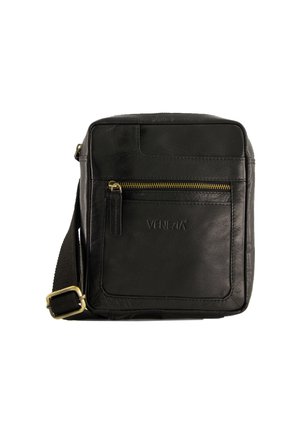 Sort læder crossbody taske med en tekstureret overflade, en frontlomme med lynlås og guld hardware detaljer. Justerbar rem for ekstra bekvemmelighed.