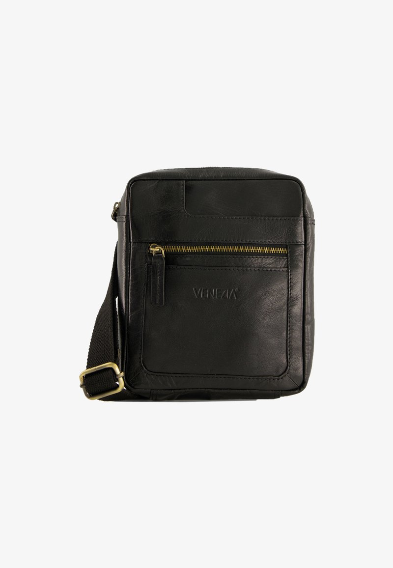 Sort læder crossbody taske med en tekstureret overflade, en frontlomme med lynlås og guld hardware detaljer. Justerbar rem for ekstra bekvemmelighed.