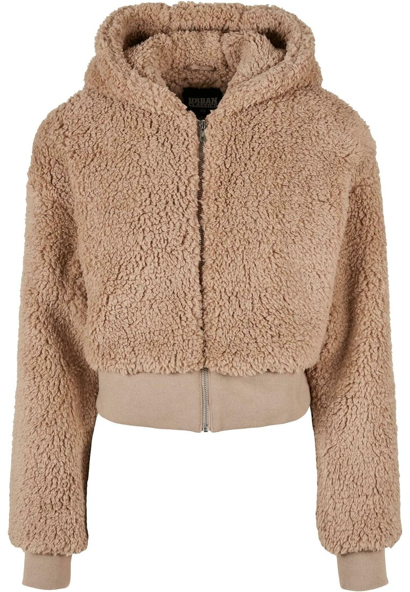 Croppe tan hoodie lavet af fluffy, tekstureret stof med lynlås, to sidelommer og ribbede manchetter og kant.
