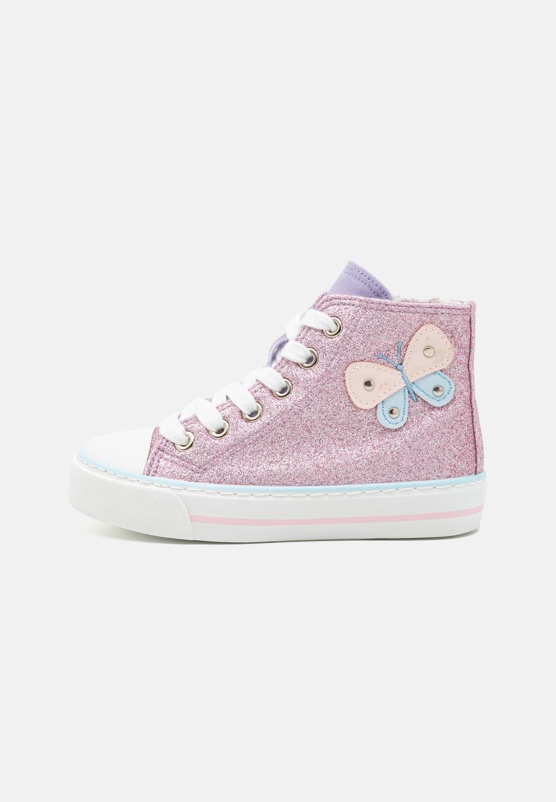 High-top sneakers with a pink glitter finish, purple accents, white rubber toe and sole, featuring a butterfly patch on the side.