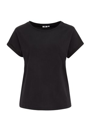 T-shirt nera a maniche corte realizzata in morbido cotone. Presenta un collo rotondo e orli arrotolati. Design semplice e classico senza motivi.