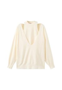 Top de manga larga color crema con un escote en V profundo y diseño de hombros descubiertos. Tejido suave con un corte holgado y puños y cuello acanalados.