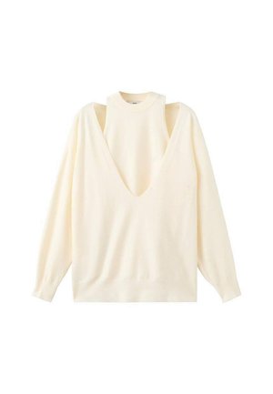 Top de manga larga color crema con un escote en V profundo y diseño de hombros descubiertos. Tejido suave con un corte holgado y puños y cuello acanalados.