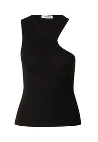 Zwarte mouwloze top met een unieke asymmetrische halslijn. Gemaakt van een gladde stof met een aansluitende pasvorm en een subtiele glans.