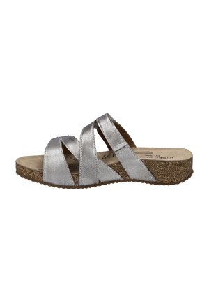 Silver metallic slide sandal with crisscross straps, cushioned footbed, and textured cork sole. Features flat design for casual wear.