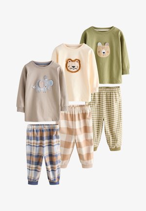 Tre sæt børnepyjamas med lange ærmer og ternede bukser med dyreansigter: elefant, løve og bjørn i neutrale og grønne toner.