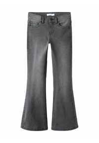 Jean en denim gris foncé pour enfants, avec une jambe évasée, des poches avant, des passants de ceinture et une fermeture à boutons.