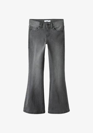 Jean en denim gris foncé pour enfants, avec une jambe évasée, des poches avant, des passants de ceinture et une fermeture à boutons.