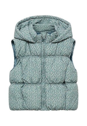 Veste matelassée sans manches avec capuche, de couleur bleu-vert clair avec un petit motif floral blanc et une fermeture éclair à l'avant.