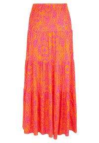 Maxi sukně vyrobená z lehkého materiálu, s živým růžovo-oranžovým paisley vzorem, nařaseným pasem a vrstveným designem.