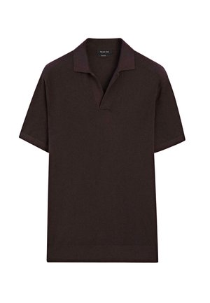 Short-sleeve polo shirt in dark brown, featuring a relaxed collar and textured fabric. Simplistic design, with no additional patterns or accents.