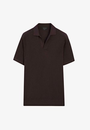 Short-sleeve polo shirt in dark brown, featuring a relaxed collar and textured fabric. Simplistic design, with no additional patterns or accents.