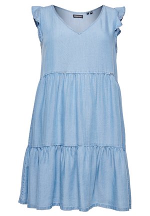 Vestido sin mangas de color azul claro con volantes en los hombros y escote en V, hecho de tela vaquera ligera.