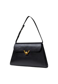 Borsa a tracolla in pelle nera con un design strutturato, dotata di una chiusura dorata e di una tracolla regolabile, posizionata su uno sfondo semplice.