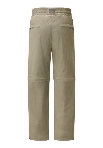 Beige Outdoor-Hosen mit elastischem Bund, Reißverschlusstaschen und abnehmbaren Unterschenkeln. Leichtgewichtig, glatte Textur und moderner Schnitt.