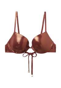 Bronzfärgad satinbehå med justerbara band, bygelkupor och knytning fram. Slät yta med en glansig finish.