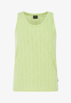 Lys grøn tanktop i et åndbart mesh-stof med et tekstureret rutemønster. Klassisk rund halsudskæring og ærmeløs design.