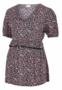 Vestito a maniche corte floreale di colore blu navy con motivi di fiori multicolori. Presenta un scollo a V e una vita arricciata con una fascia nera a contrasto.