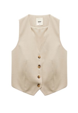 Beżowa kamizelka z dekoltem w serek, pięć drewnianych guzików z przodu, dwie kieszenie z przodu i gładka faktura. Prosty, dopasowany krój dla nowoczesnego wyglądu.