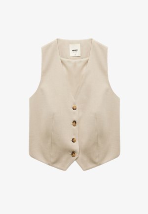 Beżowa kamizelka z dekoltem w serek, pięć drewnianych guzików z przodu, dwie kieszenie z przodu i gładka faktura. Prosty, dopasowany krój dla nowoczesnego wyglądu.