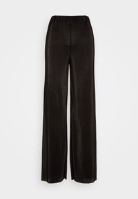 Pantalones de tiro alto y pierna ancha negros con textura acanalada vertical sobre fondo blanco liso.