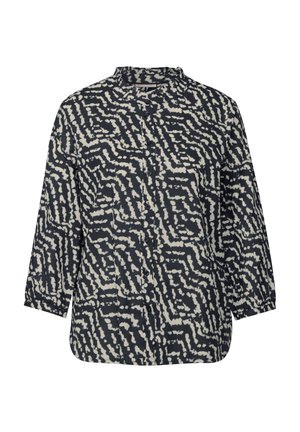 Blusa a maniche lunghe con motivo blu marino e crema, colletto alto e chiusura frontale con bottoni. Presenta una vestibilità comoda e un tessuto testurizzato.