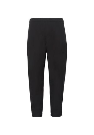 Fekete keskeny szárú nadrág, gumis derékrésszel, oldalzsebekkel, bokáig érő fazonban, fehér háttér előtt látható.