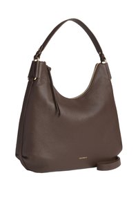 Borsa hobo in pelle marrone con finitura testurizzata, dettagli in zip color oro e tracolla regolabile. Nome del marchio impresso sul davanti.