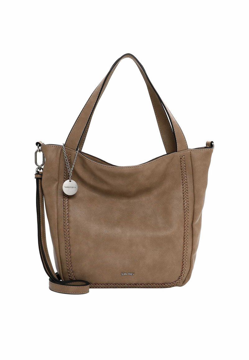 Brown leather handbag with braided details, two short handles, and a removable long strap. Features a metal tag attached. Smooth texture.