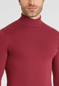 Maglione a collo alto color bordeaux realizzato in un tessuto liscio e elastico. Presenta un design aderente con maniche lunghe e un collo alto.