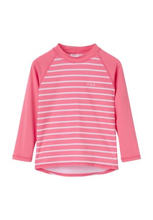 Lyserød rashguard med lange ærmer, hvide vandrette striber foran og ensfarvede lyserøde ærmer, med lille "P.O.P" tekst på brystet.