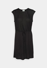 Vestido curto preto com mangas curtas, cintura ajustável e textura suave. Design simples sem padrões, com decote redondo.