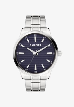 Montre en acier inoxydable argentée avec un cadran texturé bleu foncé, des marqueurs d'heure argentés et un bracelet à maillons en métal. Comprend un affichage de la date.