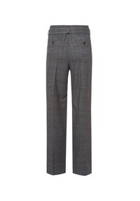 Grau karierte Hose mit geradem Schnitt, gewebter Textur, Gürtelschlaufen und Gesäßtaschen mit Knopfverschluss.