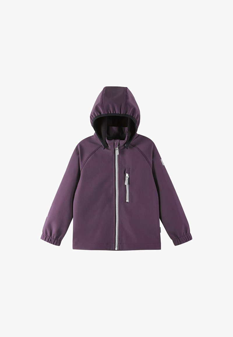 Purple softshell jacket with a hood, front zip closure, and side zip pocket. Smooth texture and elastic cuffs.