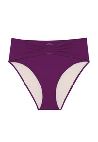 Culotte de bikini violette à taille haute, avec un accent circulaire central et des panneaux intérieurs blancs ; texture lisse sur toute la surface.