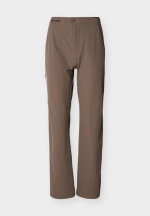 Hnědé kalhoty se rovnými nohavicemi, s kapsou na zip na boku, knoflíkovým zapínáním a jemnými švy na kolenou.