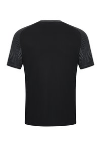 T-shirt nera a maniche corte caratterizzata da una texture liscia e dettagli grigi a motivo sulle spalle, con scollo a girocollo.
