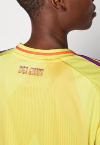 Camisola amarela com padrões geométricos, apresentando um colarinho alto e riscas multicoloridas à volta do pescoço. "BÉLGICA" impresso nas costas.