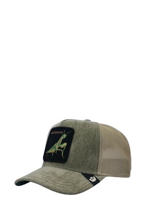 Cappello trucker verde e grigio con un pannello anteriore testurizzato, lati in rete, caratterizzato da un patch nero con una cavalletta e la parola "HEARTBREAKER."