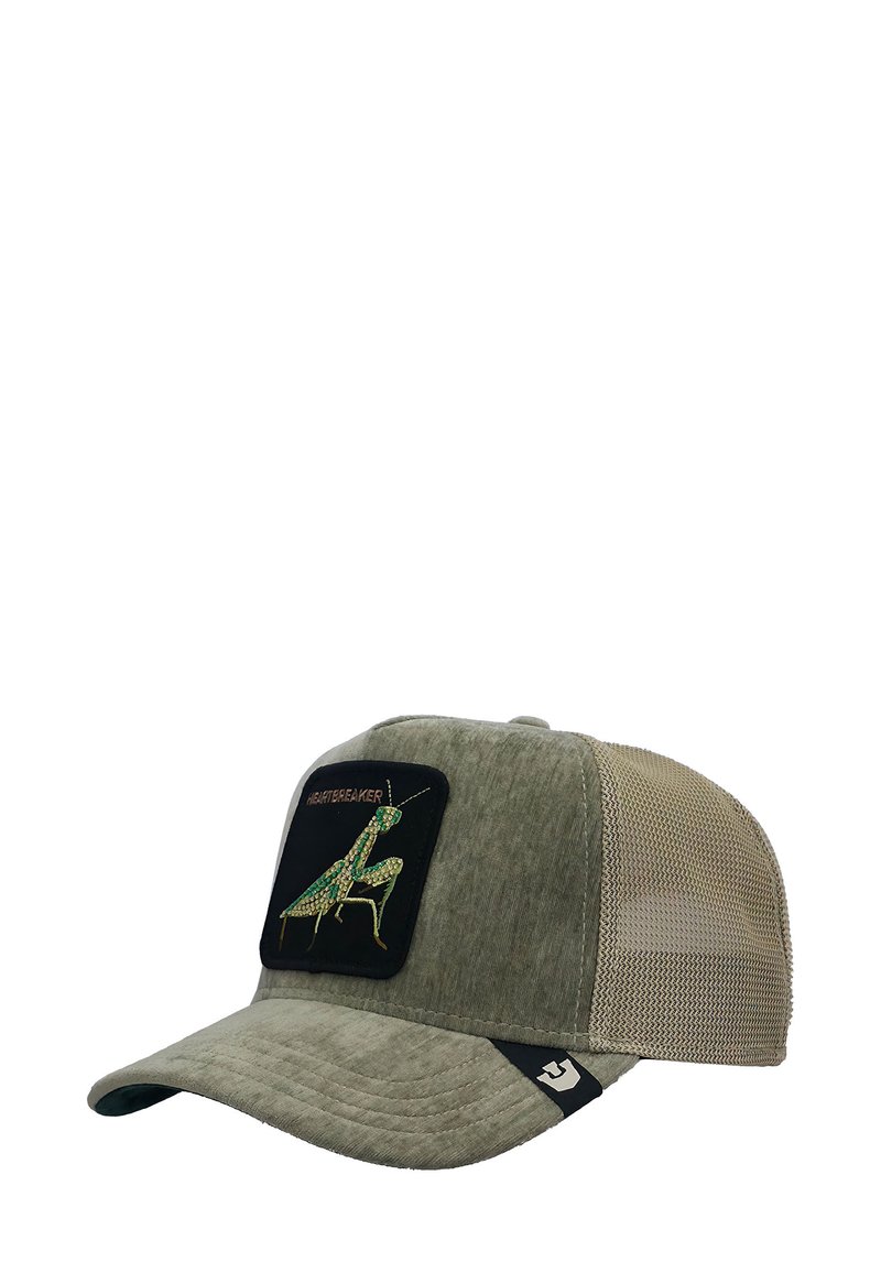 Casquette de trucker verte et grise avec un panneau avant texturé, des côtés en mesh, présentant un patch noir d'une sauterelle et le mot « HEARTBREAKER ».