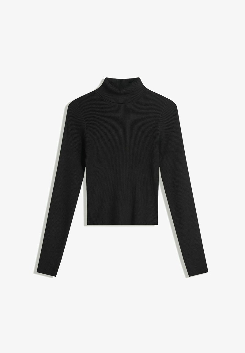 Črna, rebrasta pulover s turtleneck ovratnikom in dolgimi rokavi ter skrajšano zasnovo. Mehka tekstura in oprijet silhueta.