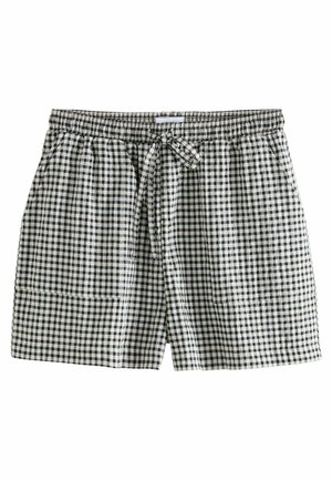 Schwarz-weiß karierte Shorts mit elastischem Bund, Kordelzug und zwei Seitentaschen; aus leichtem Stoff, lockere Passform.