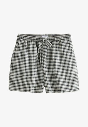 Schwarz-weiß karierte Shorts mit elastischem Bund, Kordelzug und zwei Seitentaschen; aus leichtem Stoff, lockere Passform.