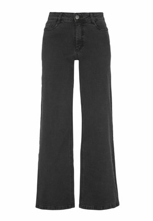 Zwarte wijde jeans gemaakt van denim, met een hoge taille, knoopsluiting en twee voorzakken. Gladde textuur met minimale stiksels.