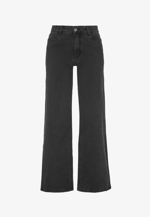 Zwarte wijde jeans gemaakt van denim, met een hoge taille, knoopsluiting en twee voorzakken. Gladde textuur met minimale stiksels.