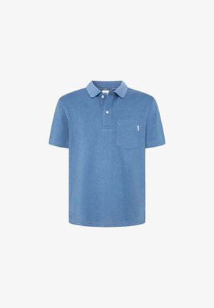 Polo shirt blu a maniche corte realizzato in tessuto morbido, con colletto classico, patta con due bottoni e taschino sul petto.