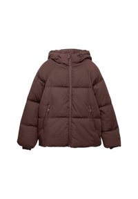 Braune wattierte Jacke mit Kapuze, ausgestattet mit einem Reißverschluss vorne, zwei Seitentaschen, gestepptem Design und elastischen Abschlüssen an den Ärmelbündchen und am Saum.