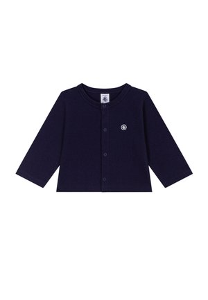 Cardigan in cotone blu navy con maniche lunghe, collo tondo, chiusura frontale con bottoni e piccolo logo circolare nell'area del petto sinistro.