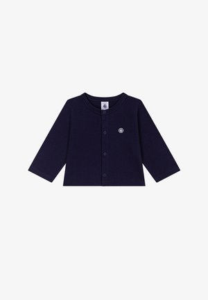 Cardigan in cotone blu navy con maniche lunghe, collo tondo, chiusura frontale con bottoni e piccolo logo circolare nell'area del petto sinistro.